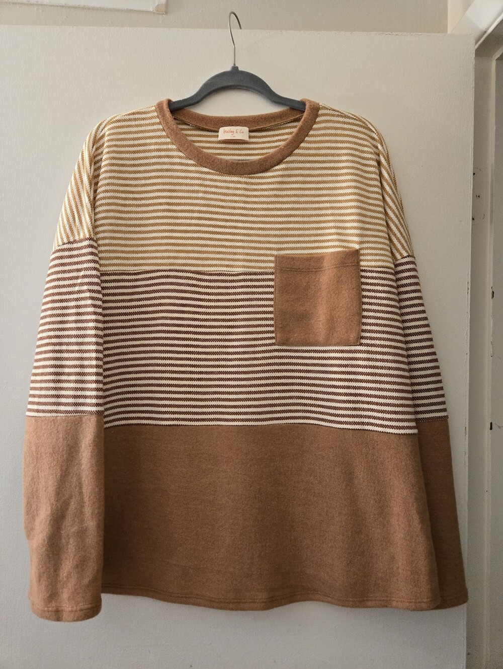 Striped Pocket Sweater in Camel and Cream